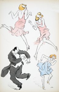Three illustrations of transvestites in blue and pink dresses dancing with a larger gentleman in white tie and tails, from White Bottoms, pub. 1927